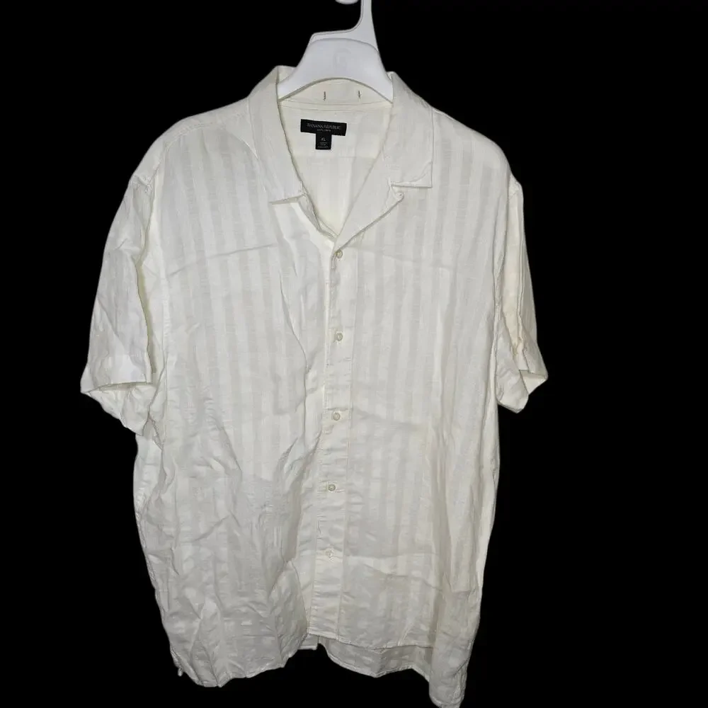 Banana Republic 100% Linen Cream White Vertical Stripe Short Sleeve Shirt XL EUC